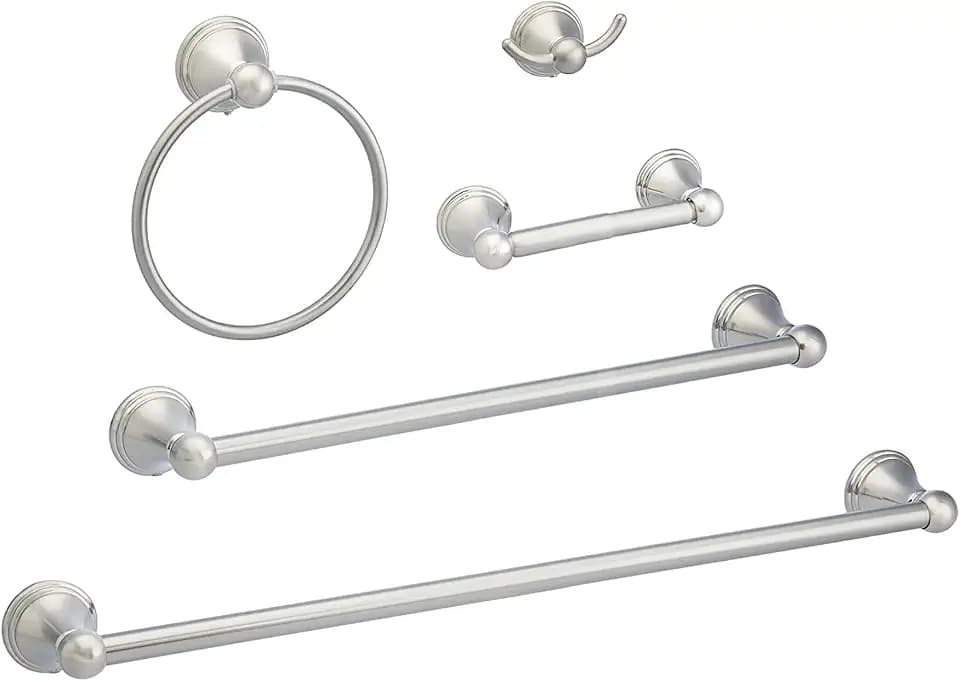 Amazon Basics 5 Piece Bathroom Hardware Set, Satin Nickel, Towel Bar, Toilet Paper Holder, Towel Ring, Robe Hook, AB-BR817-SN