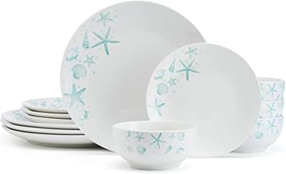 Studio Nova Tahiti Coastal 12 Piece Dinnerware Set, Service for 4, Multicolored Stoneware Plates and Bowls with Vibrant Coastal Design for Everyday Dining