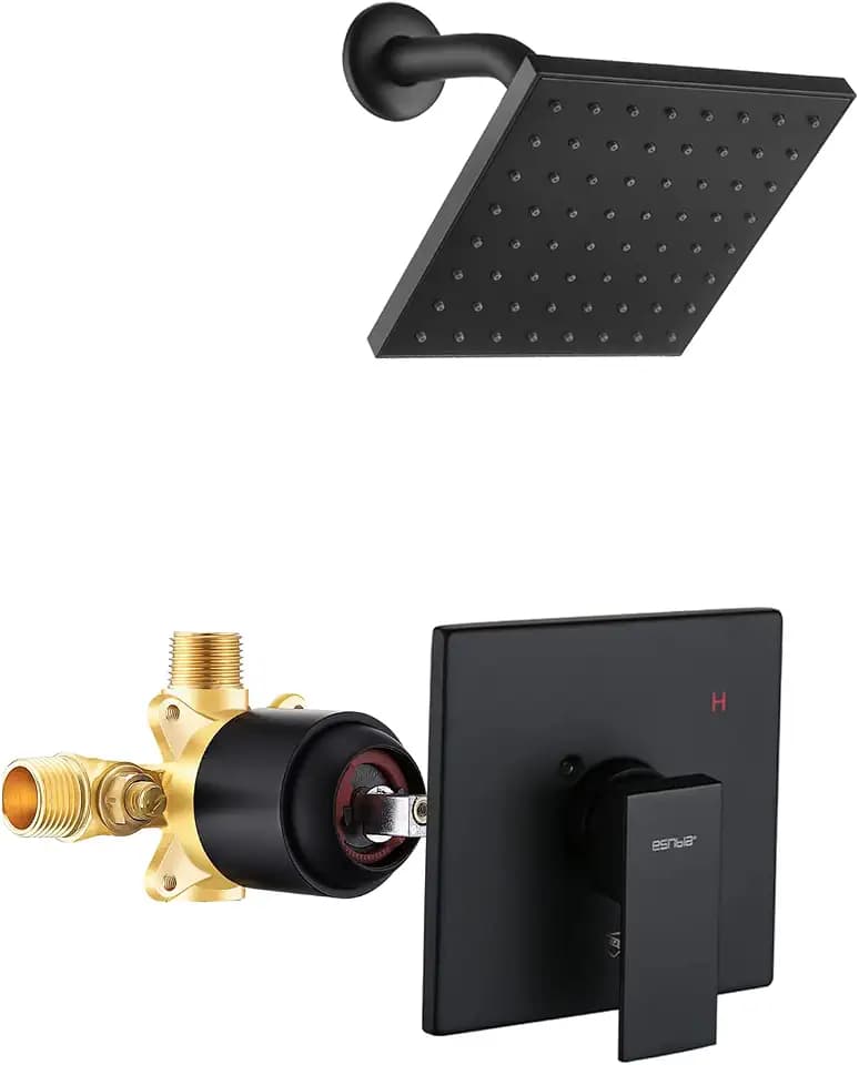 Esnbia Matte Black Tub Shower Kit, 6-Inch Rain Head, Valve, Trim Kit