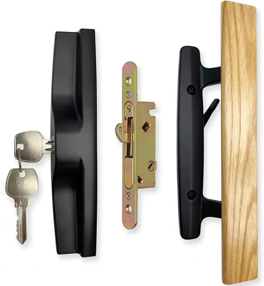 ALLYWASAI Sliding Patio Door Handle Set with Mortise Lock, Key Cylinder and Face Plate, Wood Handle Lock Set Fits Door Thickness from 1-1/2" to 1-3/4", 3-15/16" Screw Hole Spacing, White (Black)