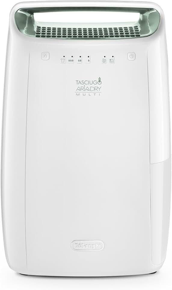 De’Longhi Tasciugo AriaDry - Tragbarer Luftentfeuchter mit 3-Fach-Filtersystem, 12L/Tag Feuchtigkeitsentzug, Wäschetrockner, Anti-Schimmel, Geringe Geräuschentwicklung, Weiß (DEX212SF)