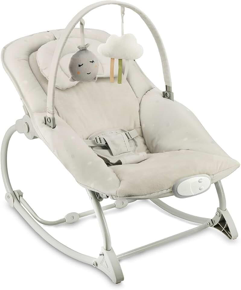 MoMi Babywippe LAPIS für Babys bis 12 kg, Batteriebetrieb, 3-Punkt-Sicherheitsgurt, Bügel und 2 Spielzeuge, 3-fach verstellbare Rückenlehne, 8 Melodien, Lautstärkeregelung, 3 Vibrationsmodi