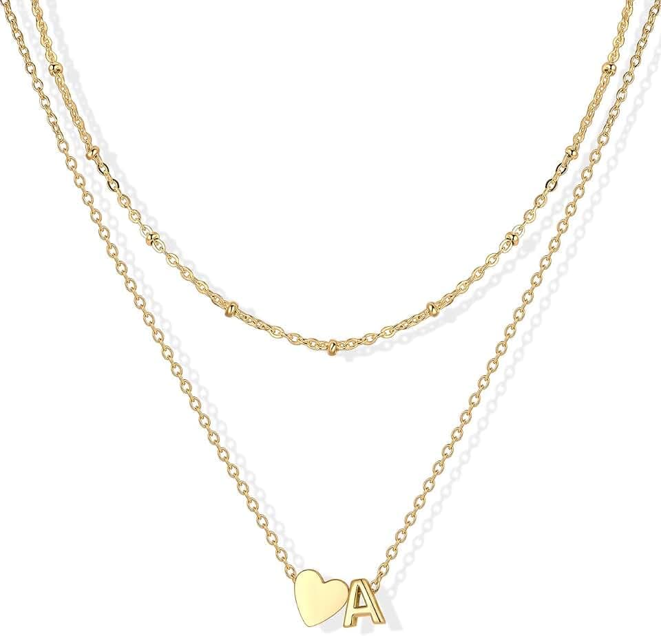 U7 Layered Heart Initial Necklace for Women,Tiny Silver/14K Gold Plated Heart Initial A-Z Letter Pendant Necklaces,Adjustable 16"- 18" Valentines Birthday Personalized Jewelry Gifts