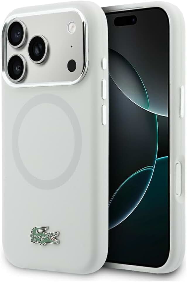 CG MOBILE Lacoste Silikon Metall Logo kompatibel mit MagSafe Hülle für iPhone 17 Pro Max (Grau)