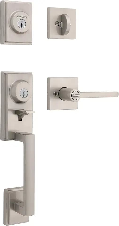 Kwikset Peralta Front Door Lock Handle and Deadbolt Set, Entry Handleset Exterior with Interior Reversible Lever, Satin Nickel, Pick Resistant SmartKey Rekey Deadbolt Security