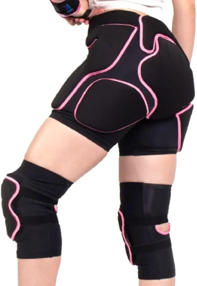 BelugaDesign 3D Protection Padded Shorts Knee Set | Hip Butt Tailbone Impact Shorts for Ski Skateboard Snowboard Volleyball Ice Figure Skating | Adjustable Breathable Knee Brace for Women, Pink Black