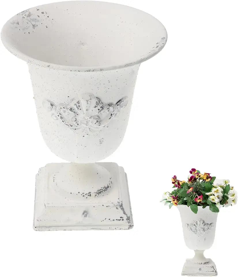 POPETPOP Tall Metal Urn Planter 7.47"" Distressed White – Rust-Proof Pedestal Vase for Floral Arrangements, Rainproof for Garden & Patio, Farmhouse Centerpiece for Wedding & Home Decor