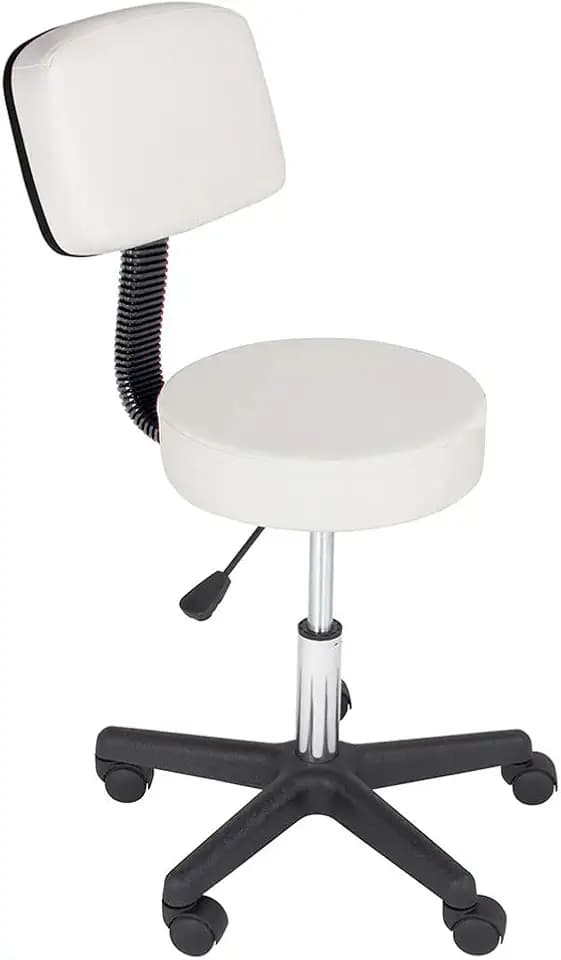 BAKAJI Kosmetikhocker mit Rückenlehne und Sitz aus Kunstleder, höhenverstellbar, mit 5 Rollen, für Zuhause, Büro, Arzt, Massage, Physiotherapie, Salon, Schönheit (weiß)