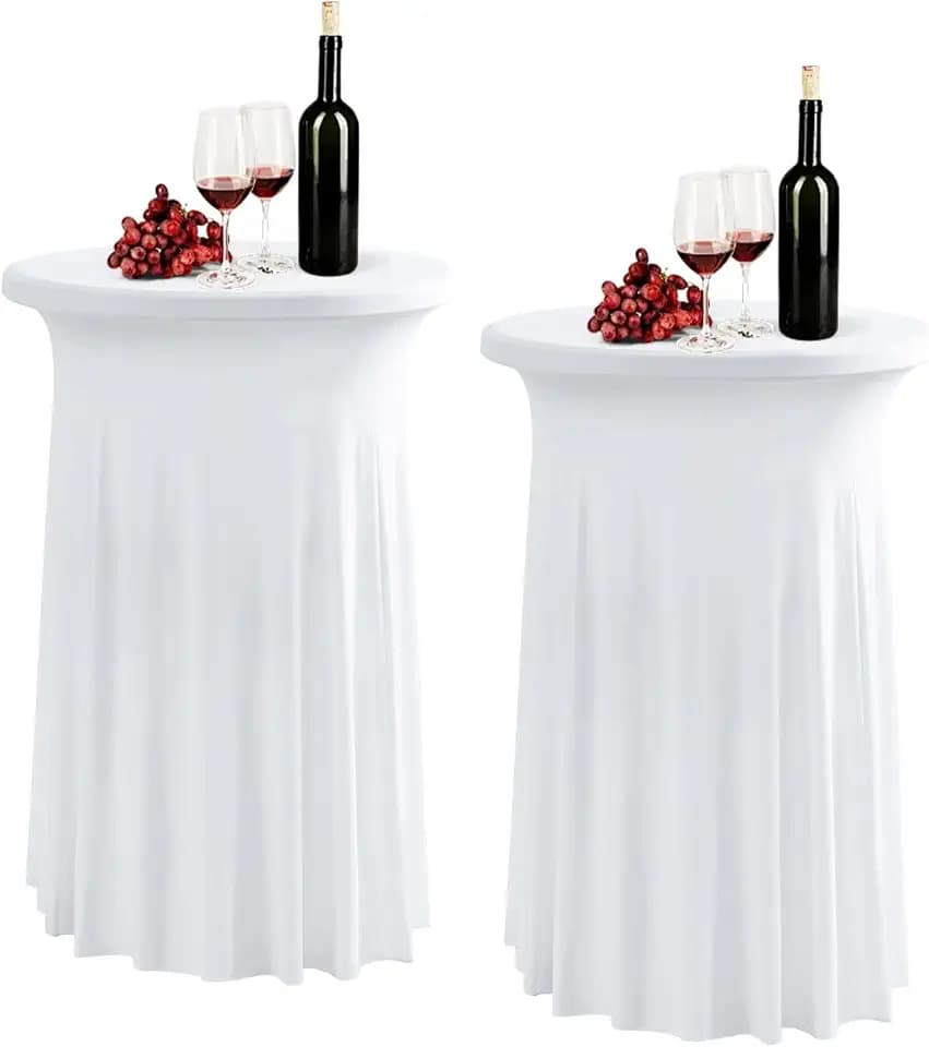 2 Pack White Spandex Stretch Round Table Covers with Skirt - 24x43 Inch Fitted Elastic Cocktail Tablecloth for High Top Bar, Party & Wedding Decor, White