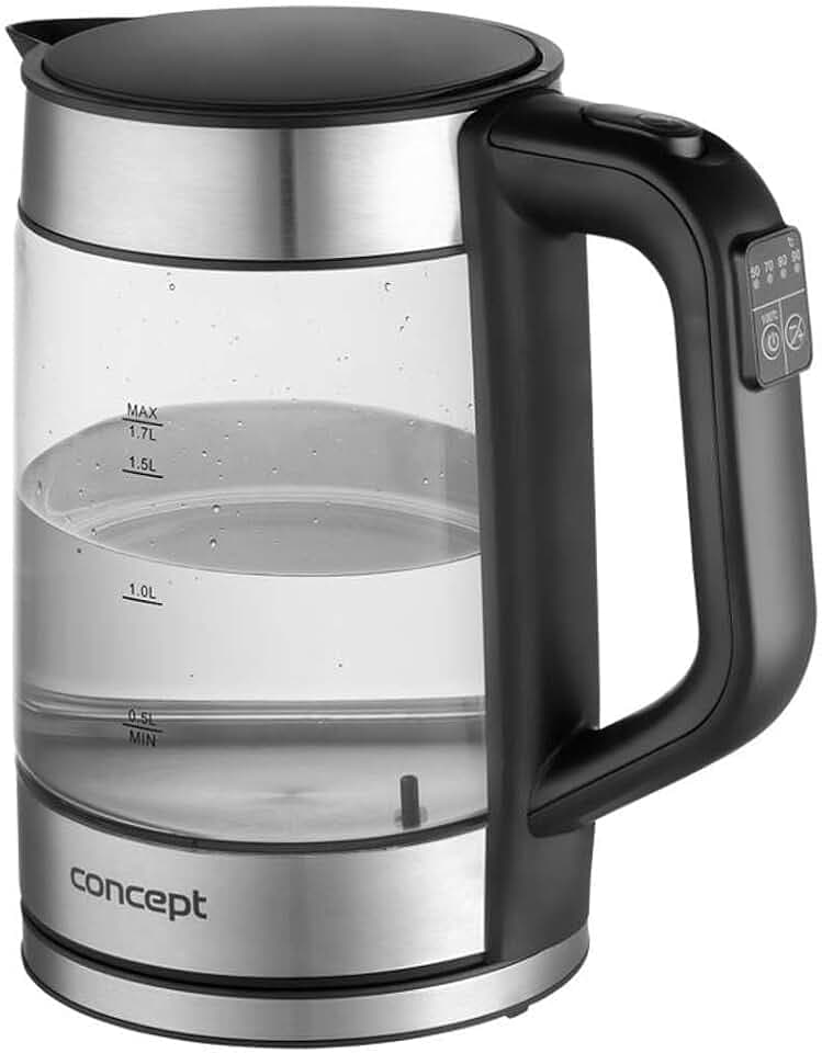 Concept RK4067 1,7L Glas-Wasserkocher mit Temperaturregelung: 50/70/80/90/100°C, 1850-2200 W, Warmhaltefunktion, Digitale Steuerung, Silber/Schwarz