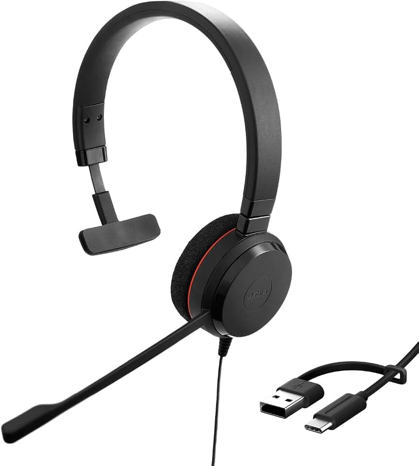 Jabra Evolve 20 Mono Headset - Microsoft Zertifizierte Kopfhörer für VoIP Softphone mit passiver Geräuschunterdrückung - USB-C/A - Schwarz