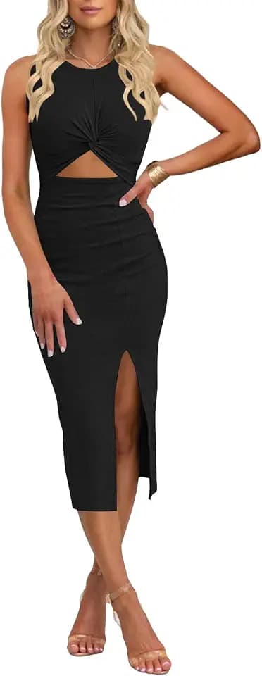 MISSJOY Frauen 2025 Lässige ärmellose Ausschnitt Twist Front Side Slit Ribbed Knit Party Bodycon Midi Kleider