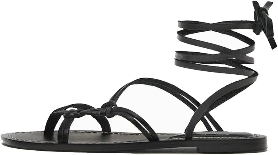 Women Leather Strappy Flat Toe Clip Gladiator Sandals Summer Wrap Open Toe Tie Up Comfortable Ankle Strap Beach Travel Sandals
