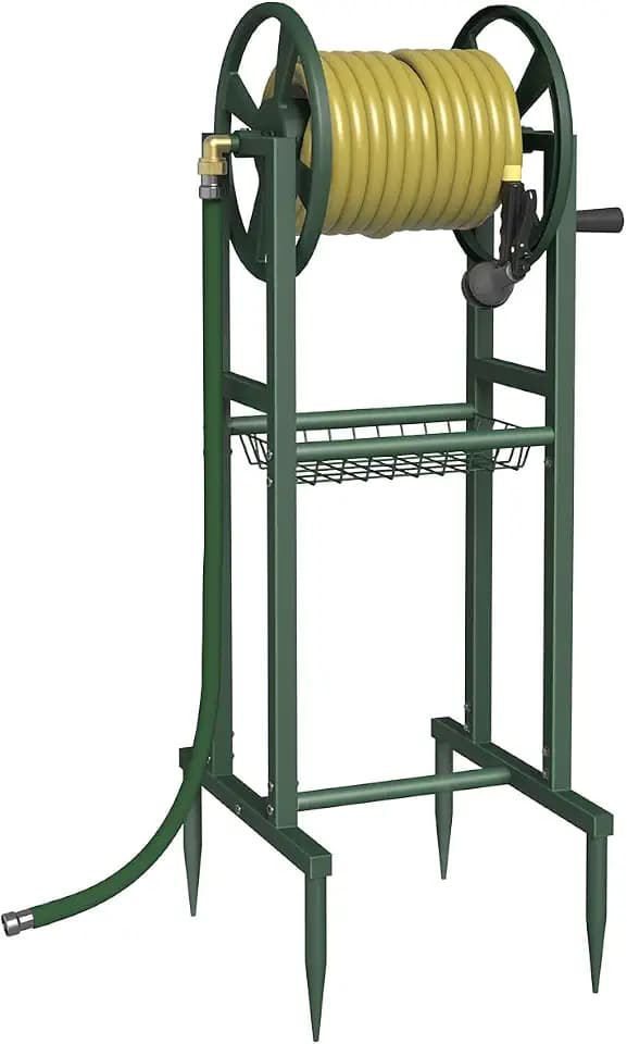 Garbuildman Ground Mount Garden Hose Reel Holds 125 Feet of 5/8-Inch with 3.9 ft Leader Hose, Brass Fitting, Water Hose Holder Stand with Storage Rack & 4 Spikes Base for Outdoor Lawn, Green