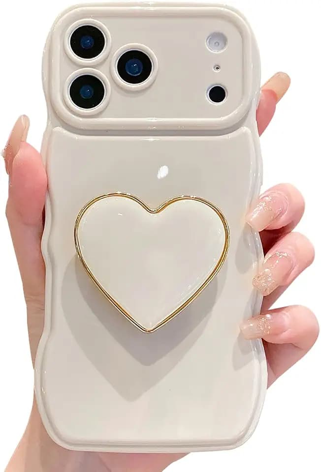 for iPhone 17 Pro Max Cute Case Curly Wavy Frame with Stand Beige
