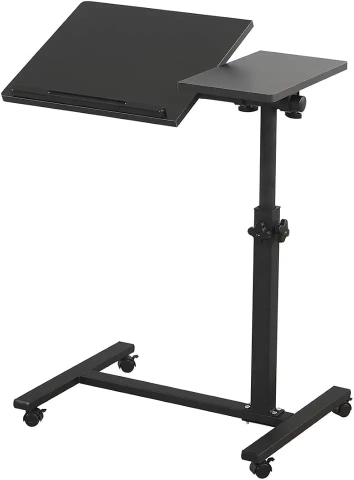 TigerDad Overbed Bedside Desk Mobile Rolling Laptop Stand Tilting Overbed Table with Wheels Height Adjustable Tray Table for Laptop Bed Sofa Side Table, Home & Hospital Use (Black)