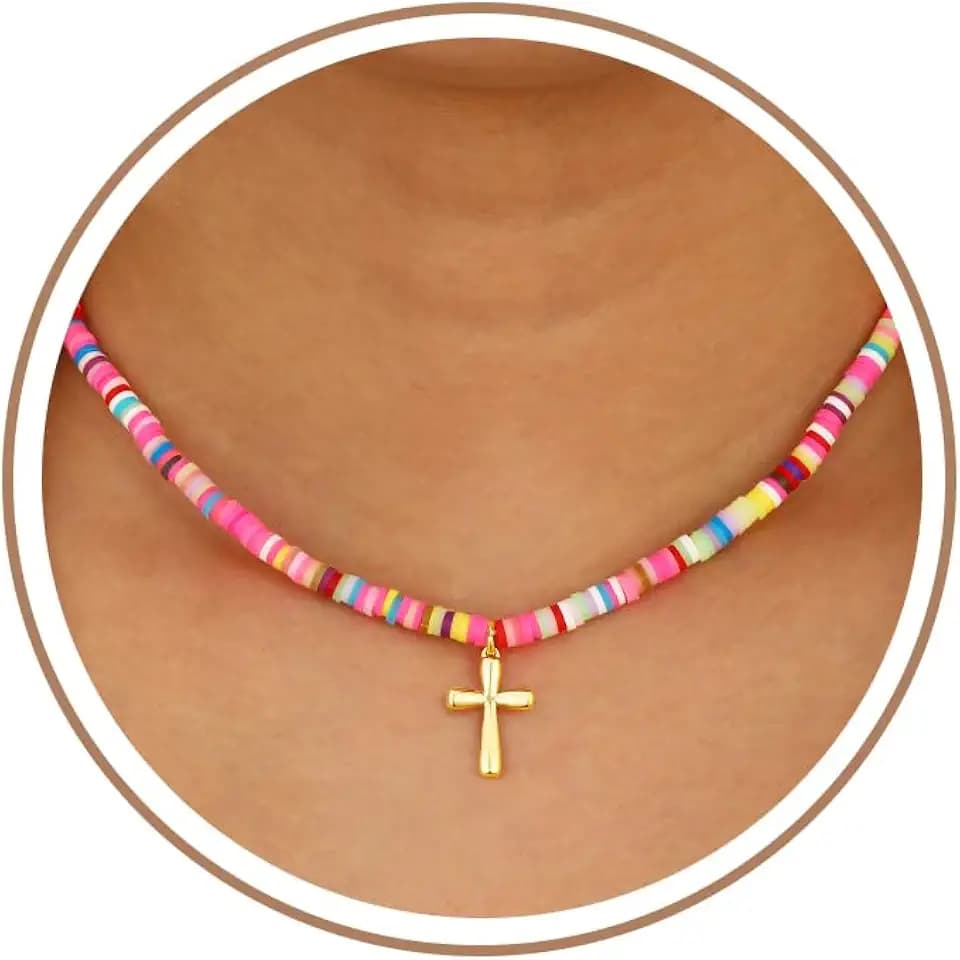 Colorful Beaded Cross Necklace for Girls Women, 14K Gold Plated Pendant Baptism Birthday Christian Religious Confirmation Trendy Stuff Gift 16+3 Inches