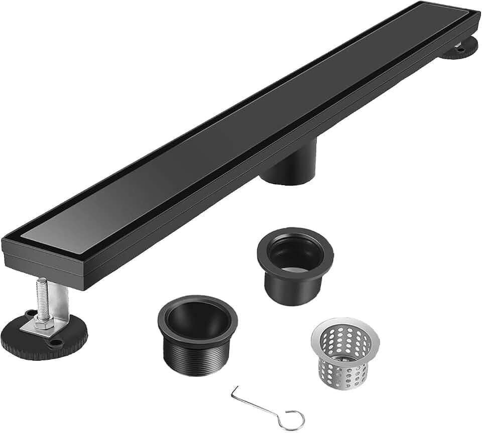 24-Inch Linear Shower Drain with Tile Insert Grate, 2-in-1 Matte Black Cover, Rectangle Floor Drain 304 Stainless Steel Including Hair Strainer