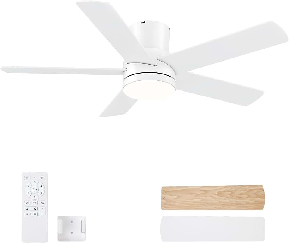 42 Inch White Flush Mount Ceiling Fan with Light and Remote