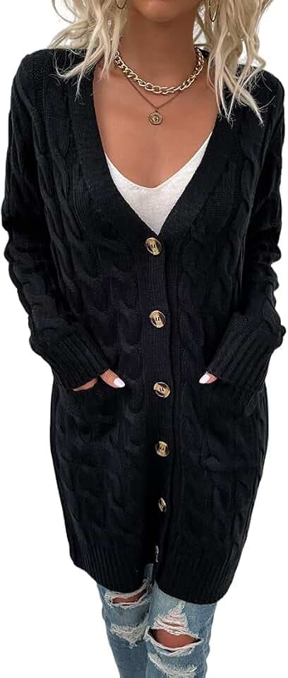 Damen Langarm Strickjacke mit Knöpfen Lang Strickjacke Oversize Grobstrickjacke