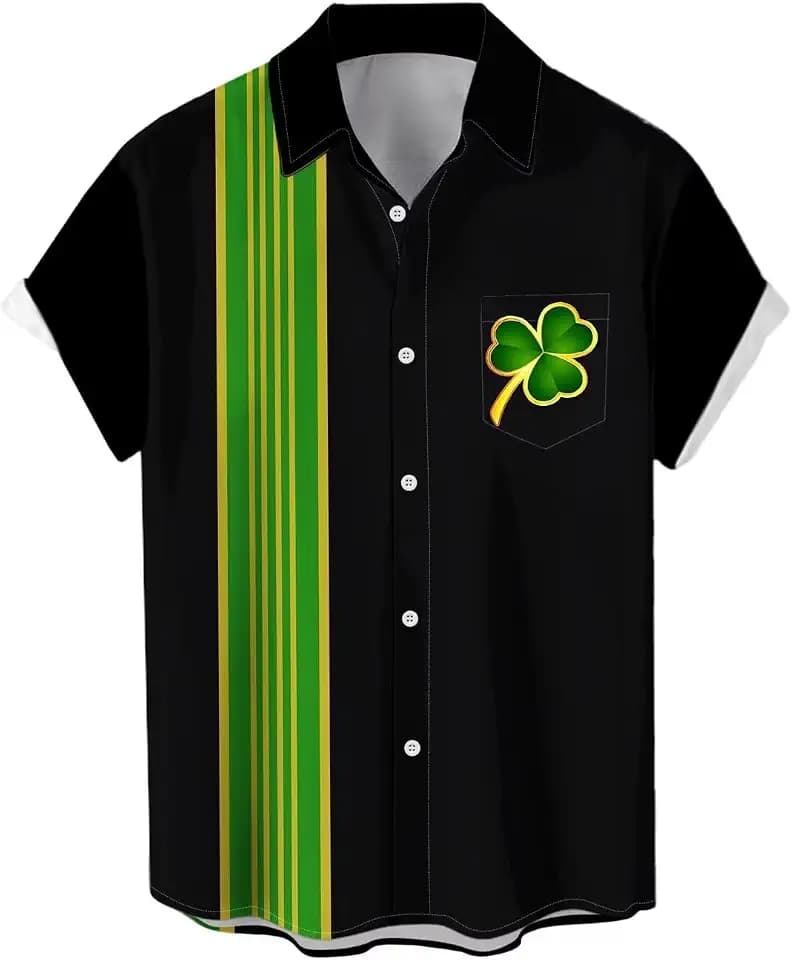 Men's St Patricks Day Shirt Funny Green Clover Saint Pattys Day Shirts Short Sleeve Button Down Shirt