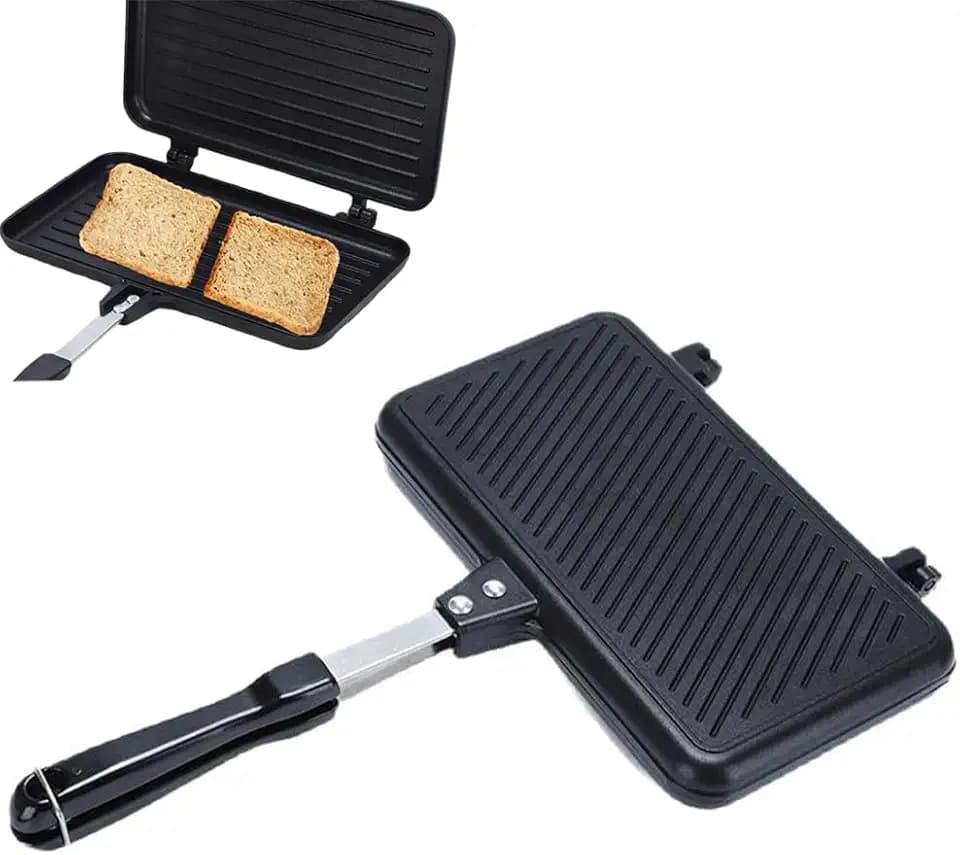 Sandwichmaker Camping Doppelseitige Bratpfanne mit Hitzebeständigem Griff, Sandwich Antihaftbeschichtete Grillpfanne mit Aluminium, Waffeleisen Klapptoaster Sandwich Maker Für Die Küche Zu Hause