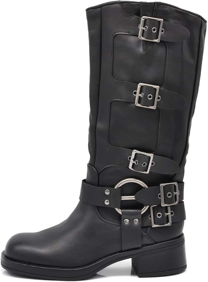 IF Fashion Damenstiefel Wadenhoch Biker Motorradstiefel mit mehreren Schnallen Amphibien RQ63 schwarz