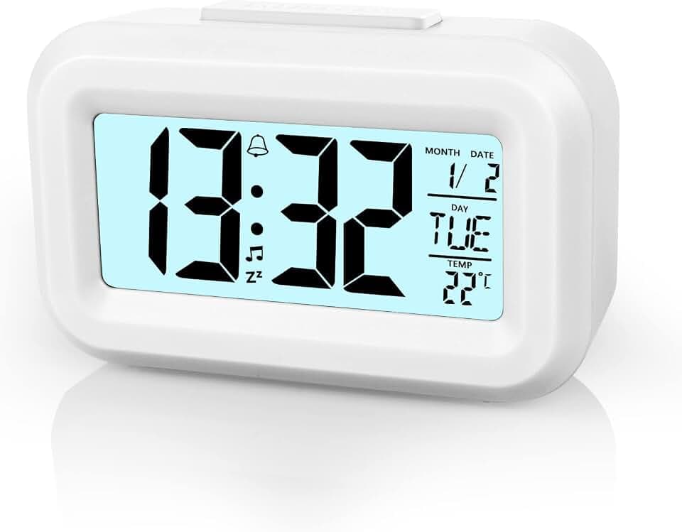 Vicloon Digital Wecker Nachttisch,LCD Display Tischuhr mit Snooze,12/24 Stunden,Datum,Temperaturanzeige,Timer-Funktion,Batteriebetrieben für Schlafzimmer Home Office Reisen(Weiß)