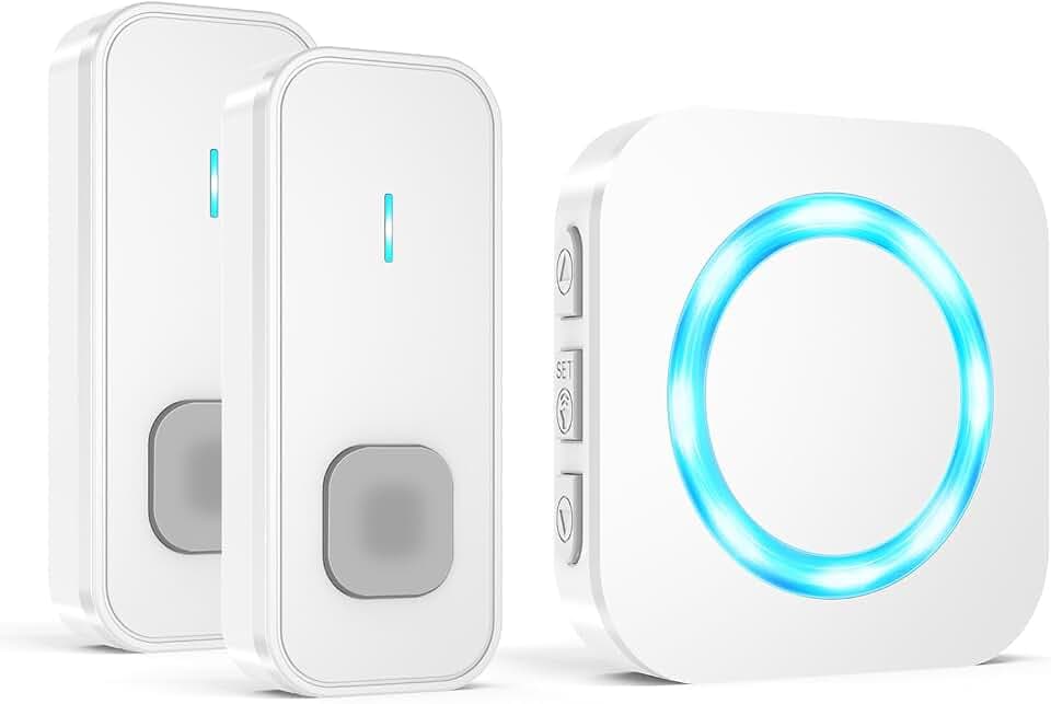 AIMAX Funkklingel mit 2 Sender und 1 Empfänger,klingel Haustür kit,400m Hohe Reichweite, IP55 Wasserdicht, 55 Klingeltöne, 5 Lautstärkestufen Mit LED-Blitz,kabellose Installation