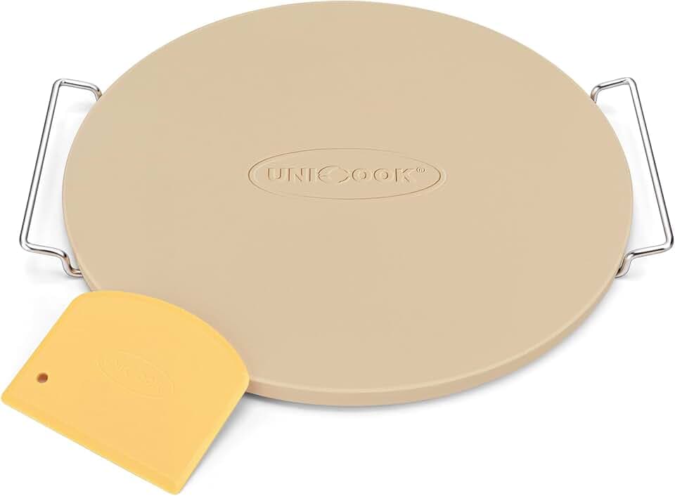 Unicook 16 Inch Round Pizza Stone for Oven and Grill, Comes with Carry Rack