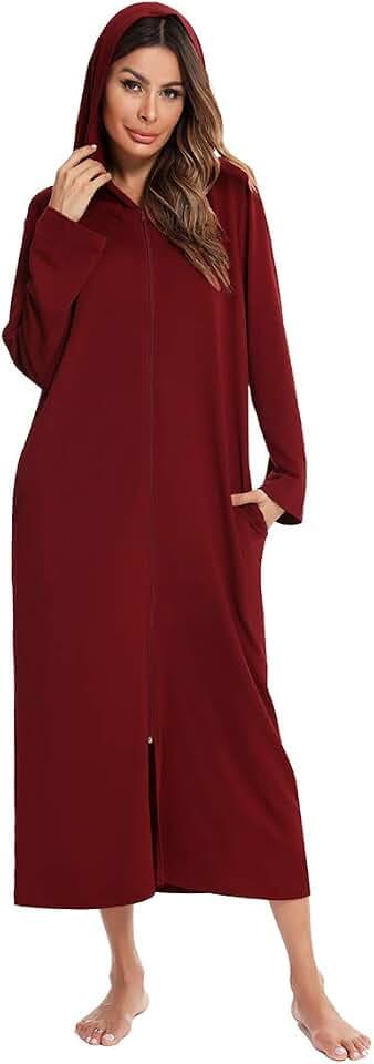 Dreamskull Bademantel mit Kapuze und Reißverschluss, für Damen und Damen, langärmelig, Nachthemd, Taschen, volle Länge, Hausmantel für den Winter
