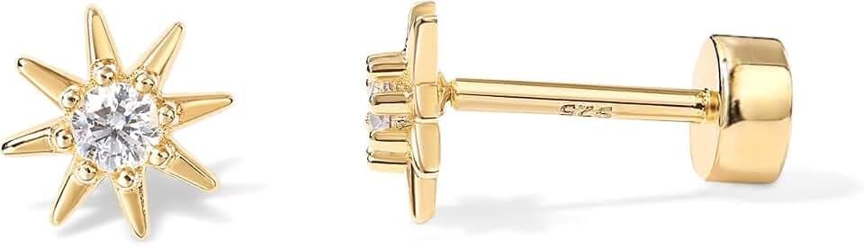 PAVOI 14K Gold Plated CZ Flat Back Earrings for Women, Cartilage Studs