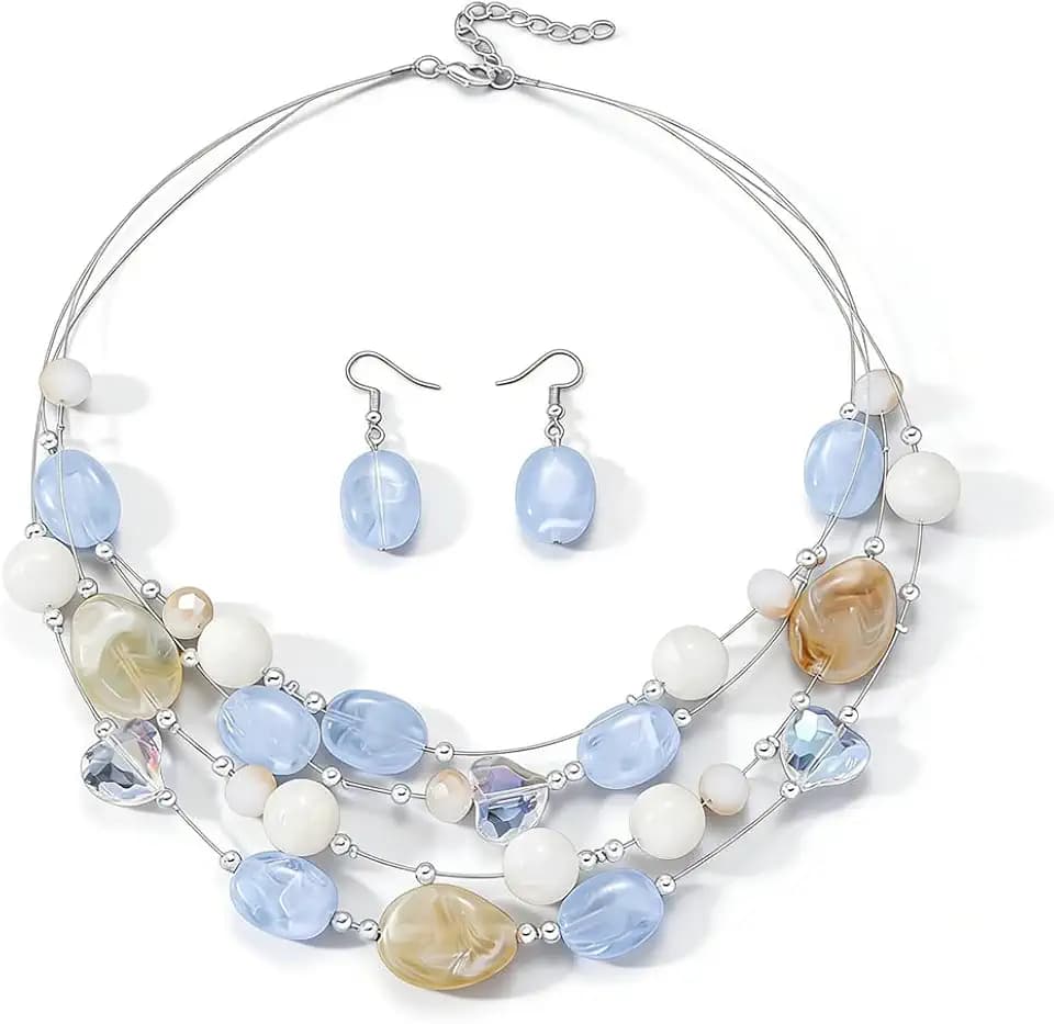 Rrdaily Boho Colorful Beaded Necklace Earring Set, Layered Stacking Choker Necklace for Women,Plastic Light Blue Dangle Drop Earrings