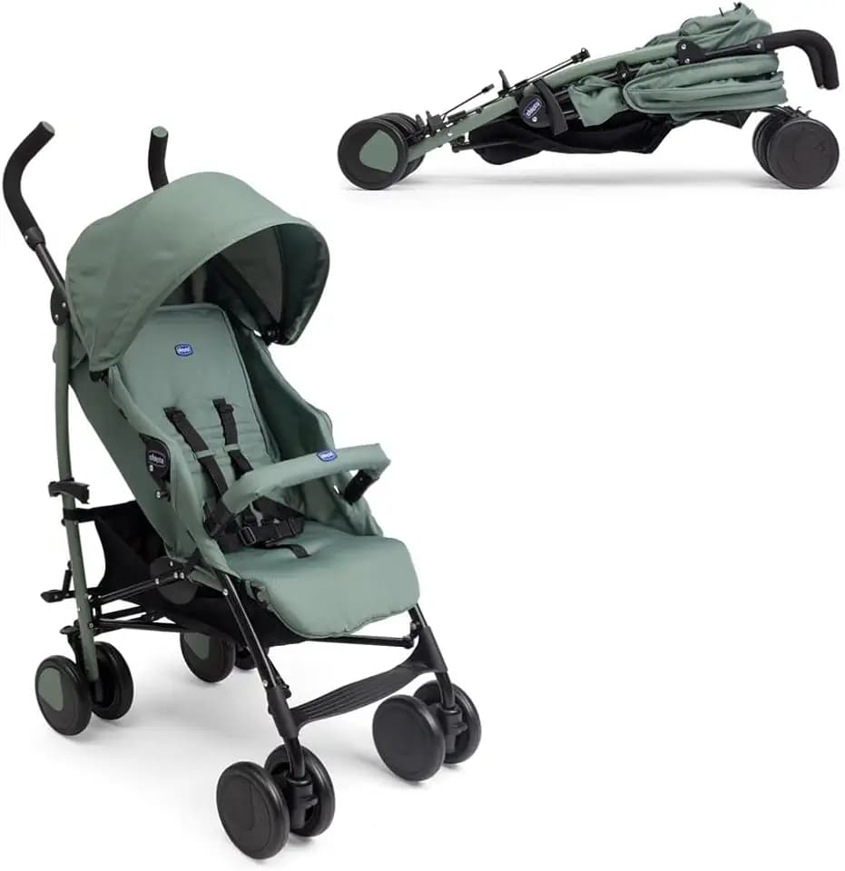 Chicco Echo Lite Kinderwagen, Buggy ab Geburt bis 22 kg, verstellbare Rückenlehne, geräumiger Sitz, Stoßstangenmanschette, Schirmbuggy, Zwillingsbremsen und schwenkbare Vorderräder, Grün