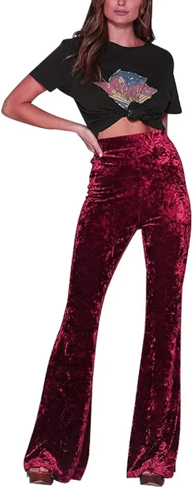 Vintage Damen High Waist Gold Samt Glockenhose Damen Weites Bein Flare Lange Hosen Abend Party Wear