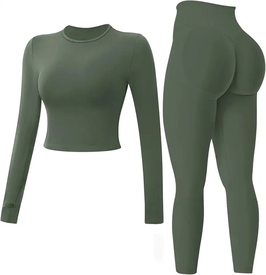 JN JANPRINT Nahtlose Fitness-Sets für Damen, 2-teilig, langärmelig, Top, versteckte Scrunch-Leggings, Yoga-Outfits, Trainingsanzug