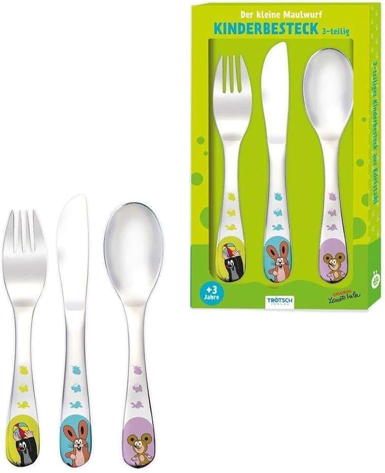 TRÖTSCH - Der kleine Maulwurf : Kinderbesteck aus Edelstahl - 3-teiliges Besteckset für Kinder, robust & farbig | Ideales Geschenk ab 3, 4, 5, 6 ... Maulwurf Kinderbesteck Besteck für Kinder