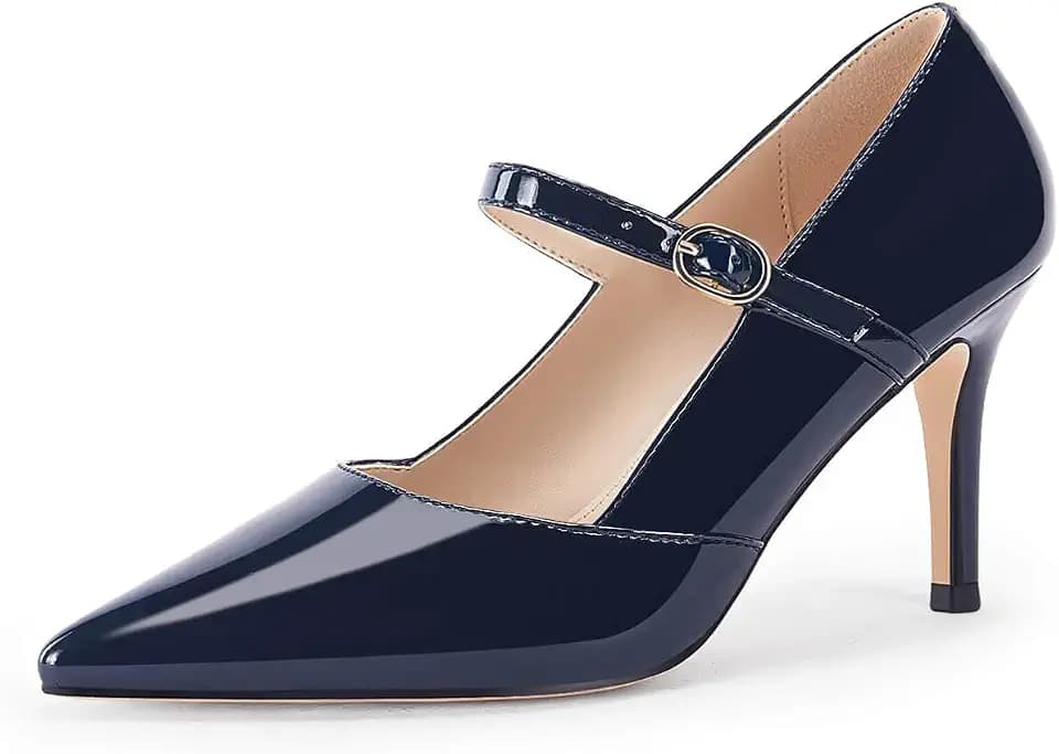 Coutgo Womens Mary Jane Pumps Stiletto High Heels Closed Pointed Toe Buckle Strap Patent Leather Dress Wedding Party Shoes