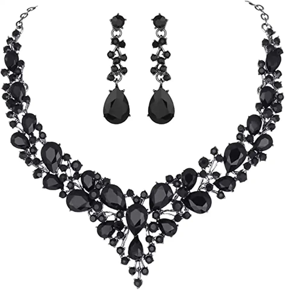 Clear Crystal Rib Statement Necklace Earrings Set Spark Rhinestone women Jewelry Set Chunky Bridal Teal Crystal Drop Accessories for Ladies and Bridesmaids