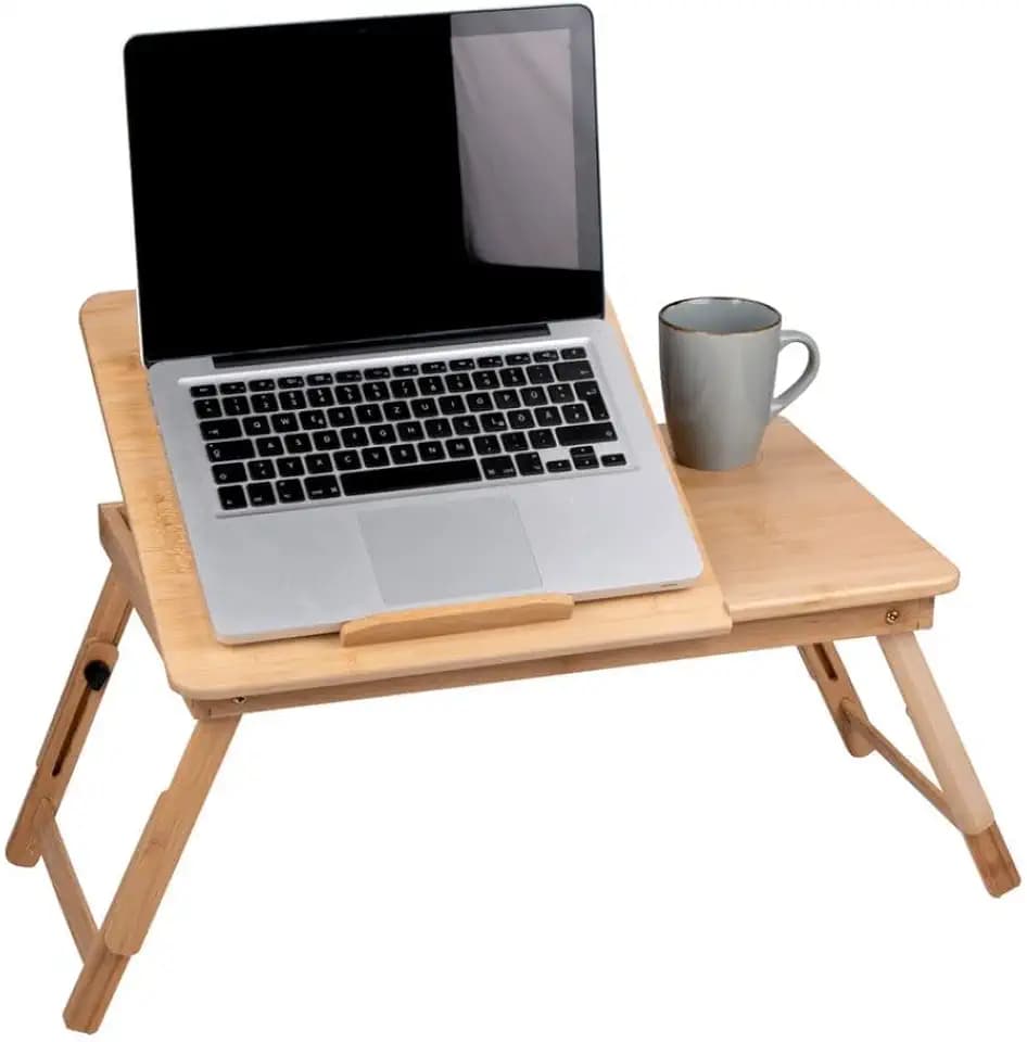 Laptoptisch Verstellbar - Bettisch für Laptop - Laptop Ständer Bett - 21,5 x 27,5 cm - Betttisch Klappbar - mit Getränkehalter und Tablet-Steckplatz – Bambusholz, Braun