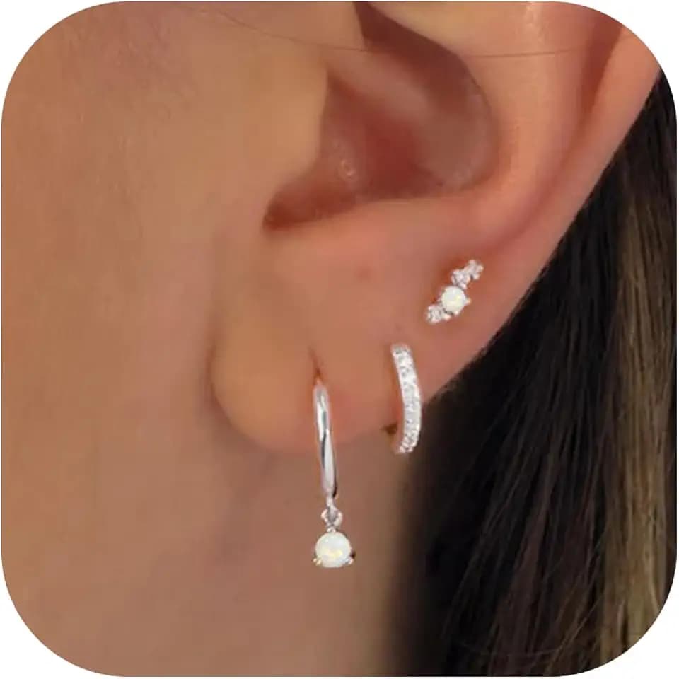 3Pairs Earrings Set for Women Silver Moon Star CZ Butterfly Green Dainty Stud Hoop Earrings for Three Holes Earrings Stack