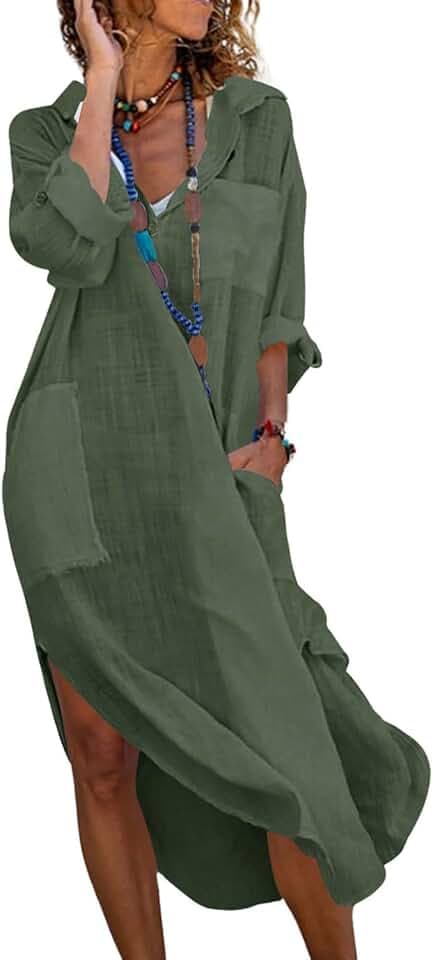 utcoco Womens Casual Loose Cotton Linen Long Shirt Dress Lapel Button Cuffed Sleeve Side Split Dresses with Pockets