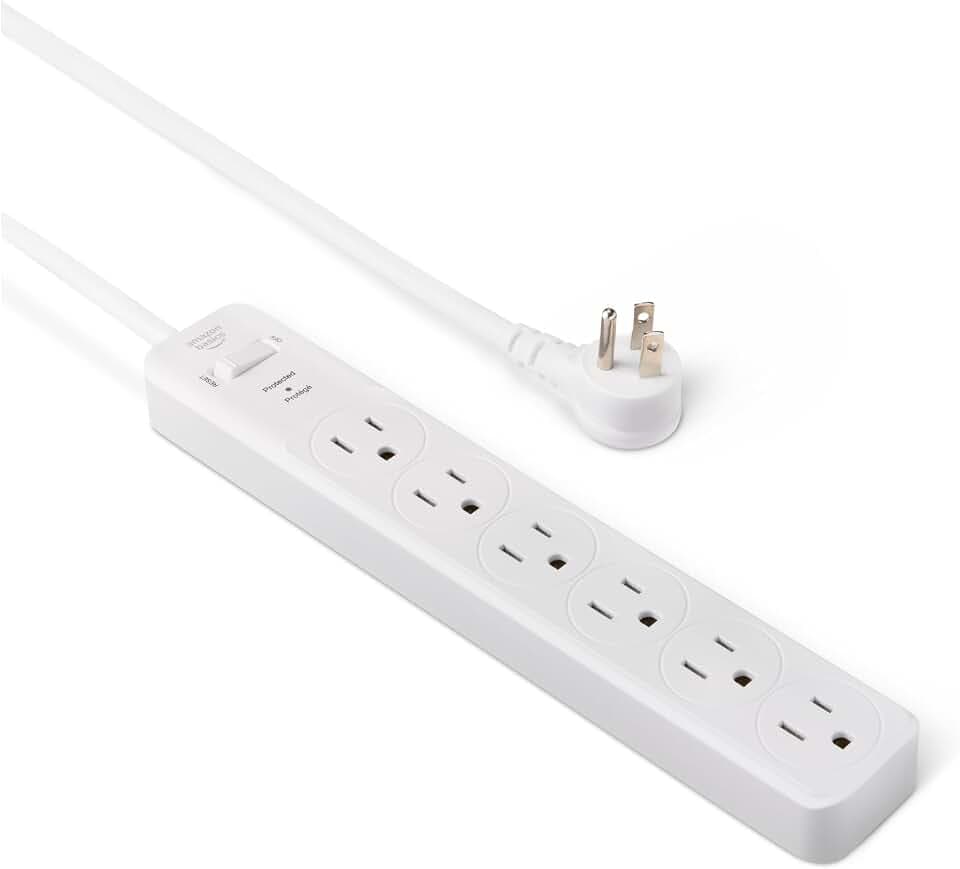 Amazon Basics Surge Protector Power Strip, 6-Outlet, 790 Joules, 6ft Extension Cord, Safety Shutters, White