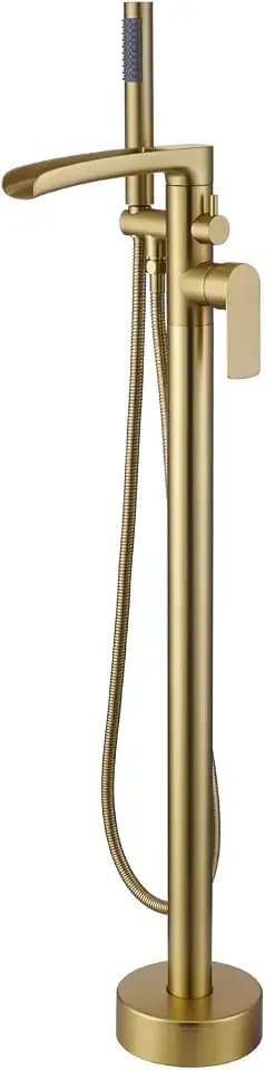 TapLong Waterfall Freestanding Bathtub Faucet with Hand Shower Brushed Gold