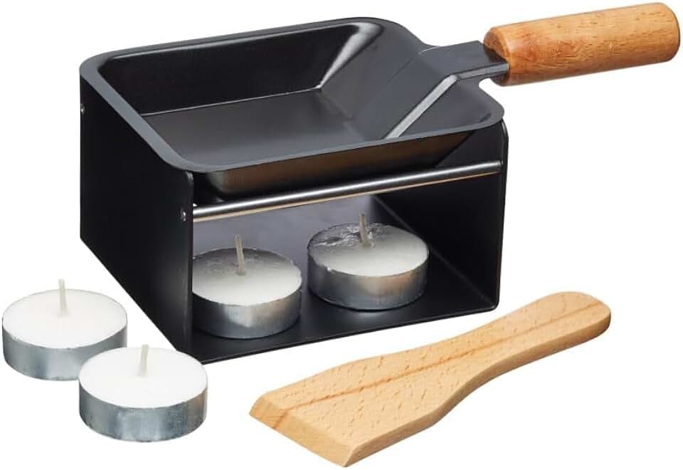 Artesà Mini-Raclette-Grill Einzelset für 1-2 Personen, Metallgestell, antihaftbeschichtete Pfännchen, Holzspatel und 2 Kerzen, Schwarz