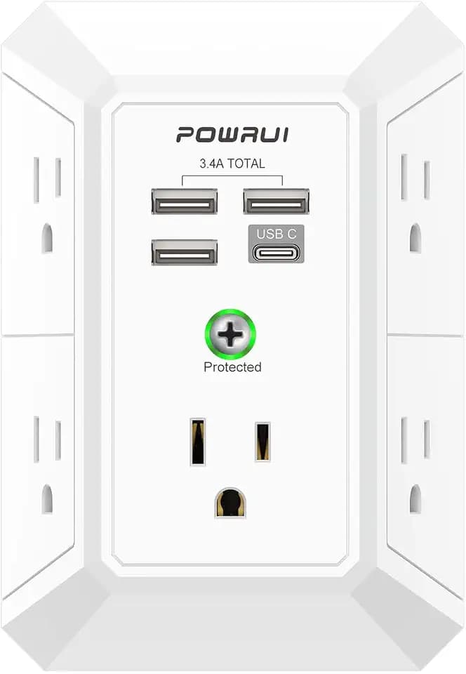 Outlet Extender Surge Protector - POWRUI 5 Outlet Splitter with 4 USB Charging Ports, 3-Sided 1680J Power Strip Multi Plug Wall Adapter for Home Travel Office, White