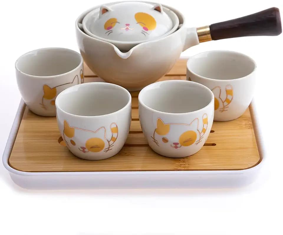 Lachineuse Japanisches Tee-Set Kawaii-Katze mit Tablett und 4 Tassen