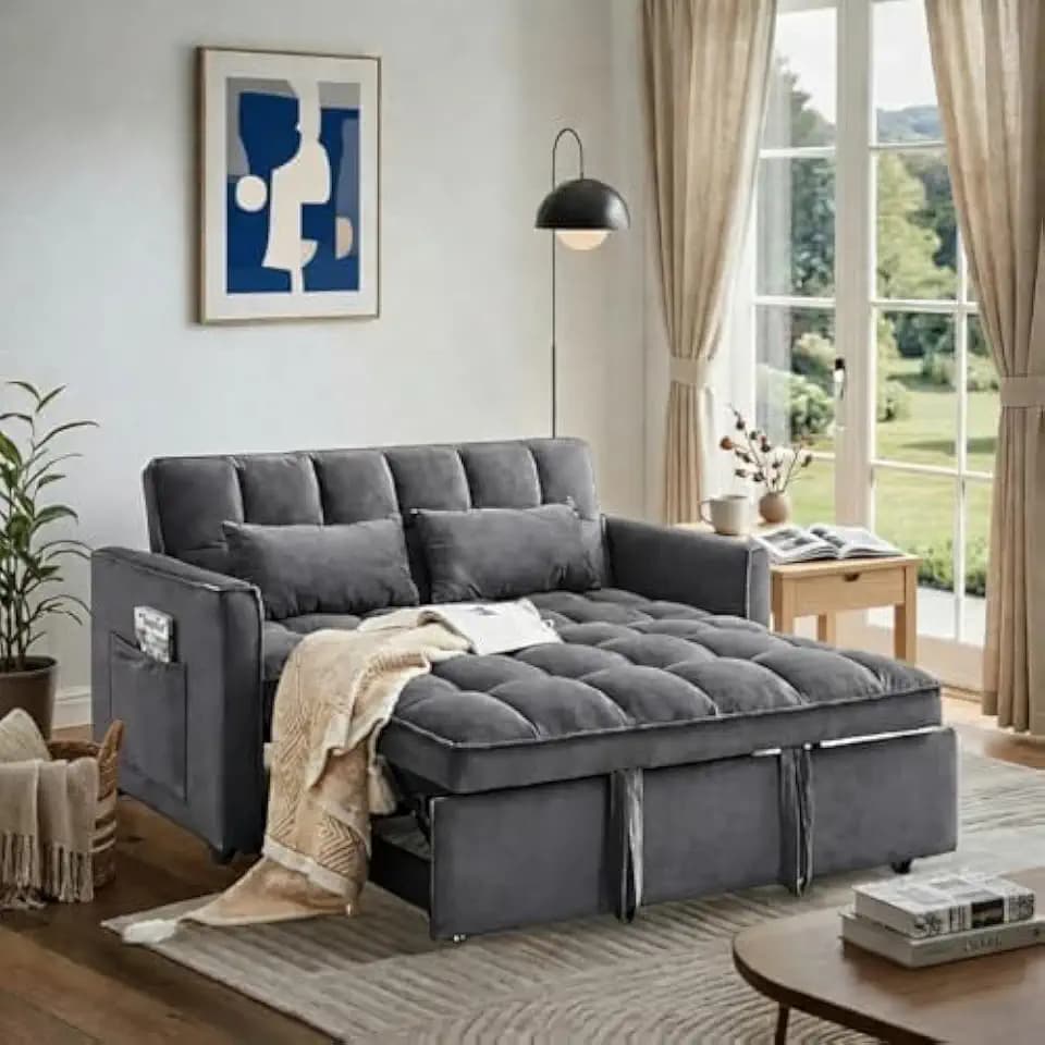 Sleeper Sofa Bed with Adjustable Backrest & Side Pockets, Gray