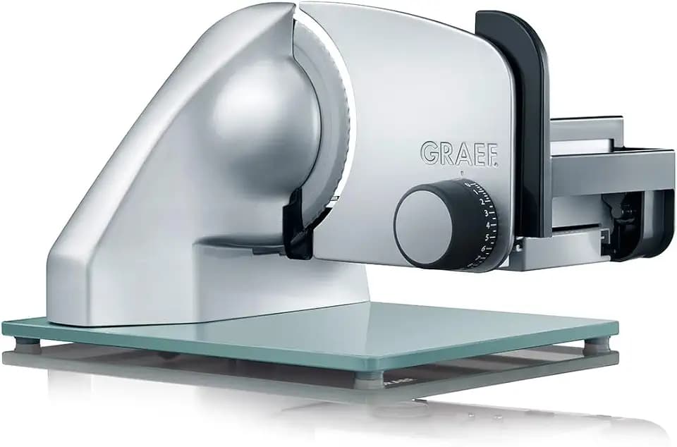GRAEF. Classic C20 - Elektrischer Allesschneider, Made in Germany, Vollmetall, Edelstahl-Wellenschliffmesser Ø 170 mm, Schnittstärke 0-20 mm, Kondensatormotor 170 W, Brotschneidemaschine, Silber