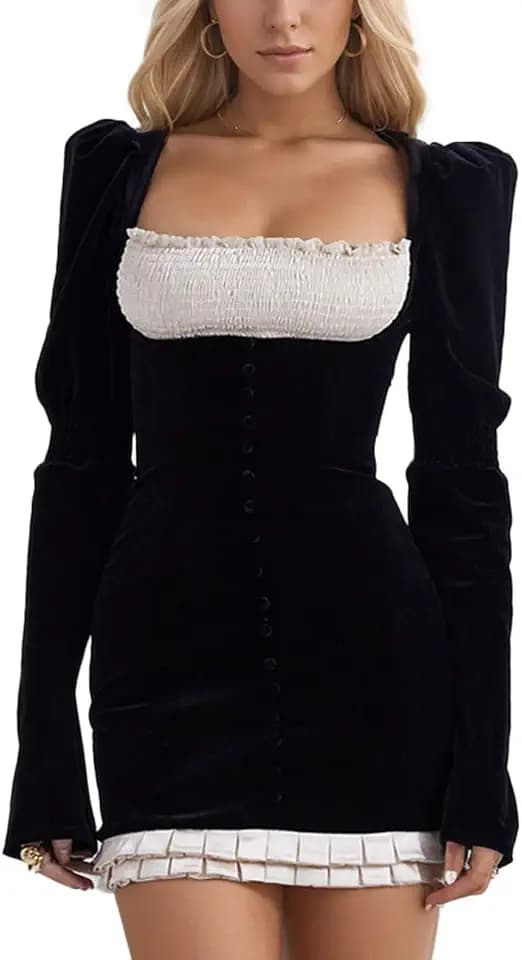 Damen Hüftbetonte Minikleider, Schulterfreies Plissee-Kleid mit Kordelzug/Quadratischer Halsausschnitt mit Samtrüsche und Langen Ärmeln, Gerüschtes Bodycon Wickelkleid (2 Style)